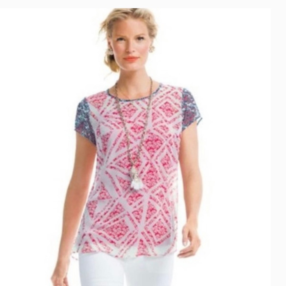 CAbi Size M Coquette Blouse Blue Red White Short Sleeves Top